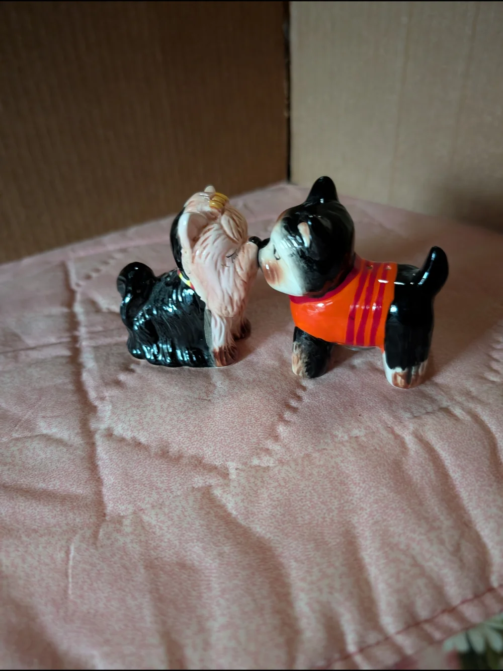 Ceramic Black and Tan Yorkie Salt and Pepper Shaker Set - Orange Sweater